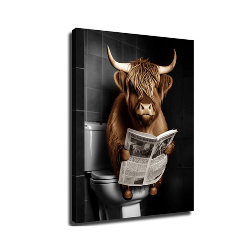 Wall Art Cow Bathroom Funny Highland Cow Reading A Newspaper on The Toilet Picture Wall Decor Animal Bathroom Canvas Painting Print Artwork (30x40cm frameless)