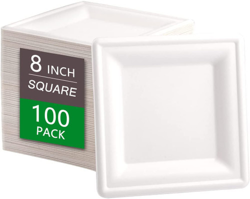 SUT 8-Inch Compostable Paper Plates, 100 PCS Square Biodegradable Bagasse Plates, Heavy-Duty Microwaveable Plates, Eco-Friendly Natural Disposable Plates, Made of Sugarcane Fibers, for Party, Picnic