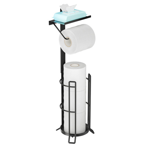 KASUNTO Toilet Paper Holder Stand for Bathroom, Heavyweight Metal Free Standing Toilet Paper Stand Storage with Reserve and Shelve, Holds 4 Big Rolls of Jumbo Mega Paper, Matte Black