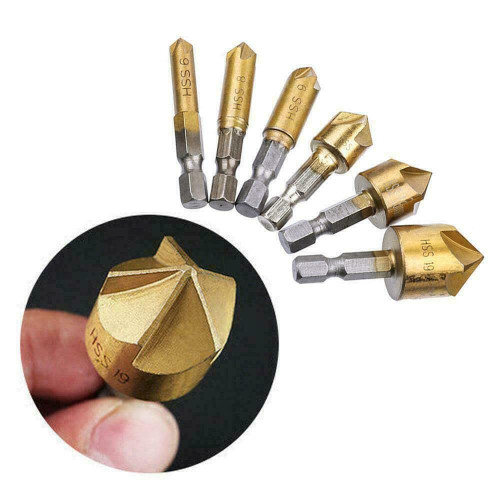 HTWORGRE Countersink Drill Bit, Baban Countersink Drill Bit Set 6 Pcs 1/4'' Hex Shank HSS 5 Flute Countersink 90 Degree Center Punch Tool Sets for Wood Quick Change Bit 6mm-19mm