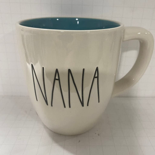 Rae Dunn NANA Mug - Blue inside - Double sided with flower - Ceramic - Dishwasher and Microwave safe