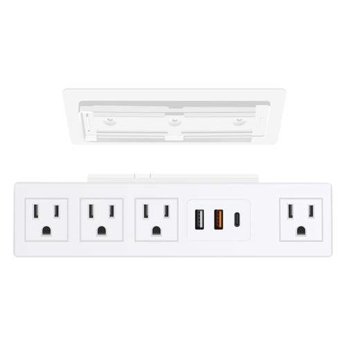 JUNNUJ 20W USB C Under Desk Power Strip, Under Mount Surge Protector with 4 Outlet Desktop, Adhesive Wall Mount Strip Socket Table Multi-Outlets with 3 USB Ports, 6FT Cable with Flat Plug - White
