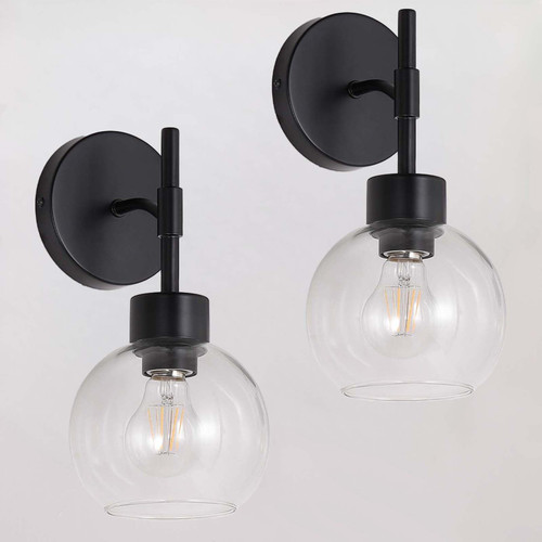 ENGELCH Matte Black Wall Sconces Set of Two, Farmhouse Modern Wall Light Fixtures with Glass Shade, Wall Lamp for Mirror Bathroom Hallway Bedroom