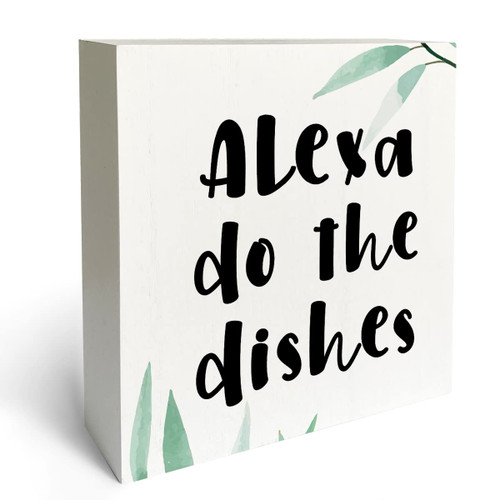 Alexa Do the Dishes Rustic Wood Box Sign Decor, Kitchen Sign Gift, Kitchen Shelf Decor Signs, Farmhouse Decor Home Decorations, for Kitchen Desk Shelf Table Decor, 5 x 5 Inches
