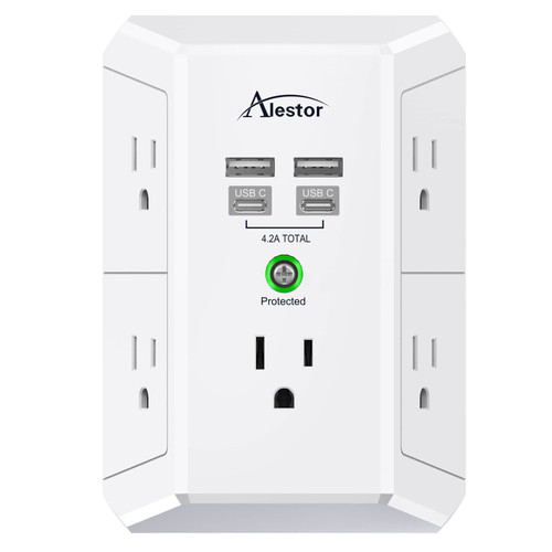 USB-C Multi Plug Outlet Extender - ALESTOR 3 Sided Surge Protector Power Strip Wall Adapter Spaced with 5-Outlet Splitter and 4 USB Ports(2 USB C Ports) for Home, Office, ETL Listed, White