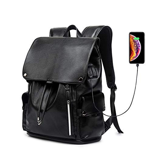 Business Travel Backpack, KISSUN PU Leather Laptop Backpack with USB Charging Port for Men Womens, Anti-Theft Water Resistant College School Bookbag Computer Backpack Fits 15.6 Inch Laptop & Notebook