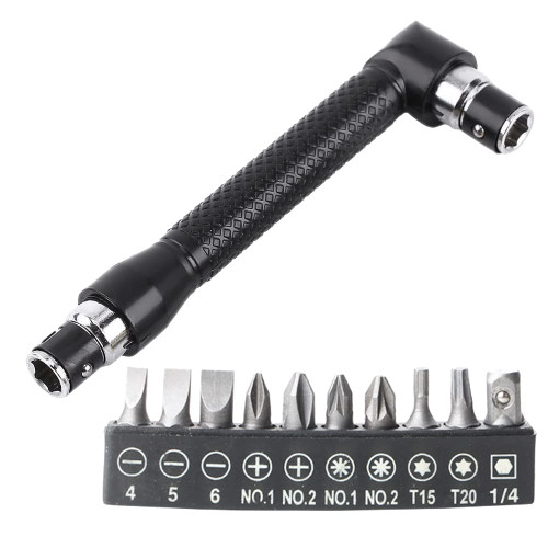Kigauru Double-Headed L-Shaped Socket 1/4 Inch Hex Socket Wrench 90 Degree Right Angle Screwdriver Adapter with 10Pcs Various Angled Screwdriver Bits Tool