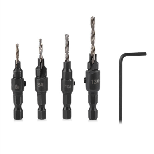 GLOGLOW HSS Countersink Drill Bit, 6#8#10#12 1/4inch Hex Shank Drill Bits HSS Countersink Drill Bit Set with Small Wrench Countersink Woodworking Tool