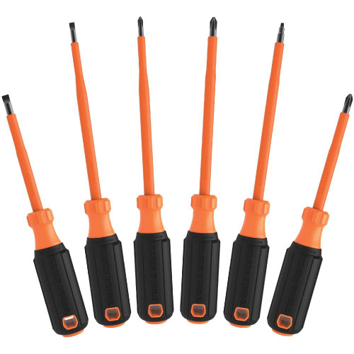 Klein Tools 85076INS Insulated Screwdriver Set features 1000V Screwdrivers, (3) Phillips and (2) Slotted and Square Tips, 6-Piece