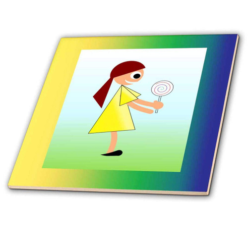 3D Rose Image of Girl with Lollipop in Blue Green Yellow Frame Ceramic Tile, Multicolor
