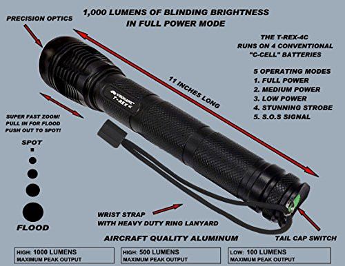 Voidhawk T-REX-4C CREE XM-L2 U2 1,000 Lumen 4 C-Cell Powered LED Flashlight