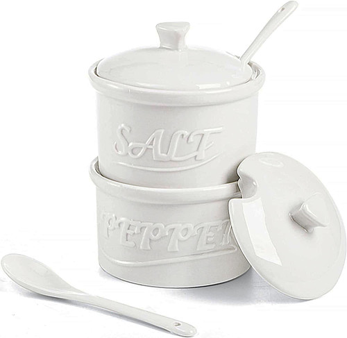 Hacaroa Set of 2 Ceramic Salt and Pepper Cellar with Lid and Spoon, 8.5 Oz Stackable Salt and Pepper Bowls, Vintage Kitchen Seasoning Box for Sea Salts, Sugar, White