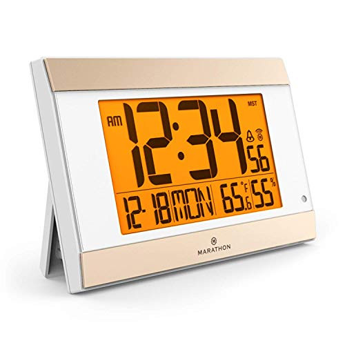 MARATHON CL030052WH Atomic Digital Wall Clock with Auto-Night Light, Temperature & Humidity - Batteries Included