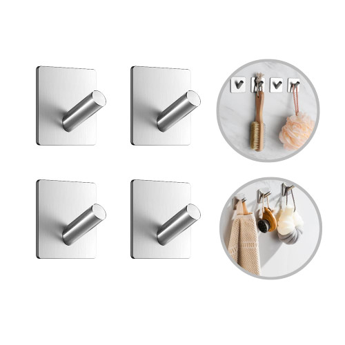 Sbomi Heavy Duty Adhesive Hooks - Stainless Steel Self Adhesive Wall Hooks - Sticky Wall Hooks - Towel Hooks Wall Hanger for Bathroom Shower Kitchen Home Door Closet Cabinet - 4 Pcs