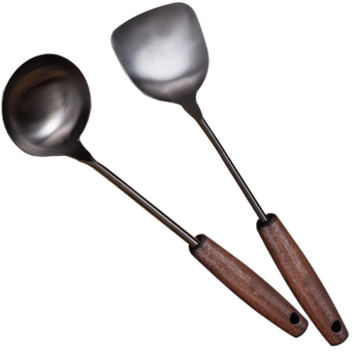 Spatula Ladle Wok Tool Set,14.8-15 Inches Stainless Steel Vintage Wok Utensils,Wok Spatula and Ladle Set with Wooden Handle (Vintage, Spatula Ladle Set)