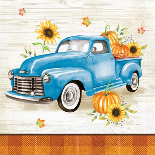 Party Creations Pumpkin Harvest Party Napkins - 32 Count 2 packs of 16CT Lunch Napkins Autumn Thanksgiving Friendsgiving Theme Farm Themed Harvest Truck Design, 6.5'' x 6.5'' Blue