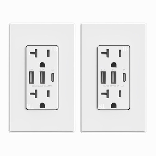 ELEGRP USB Outlets Receptacles, 3-Port USB C Wall Outlet, 30W 6.0A USB Electrical Outlet, 20 Amp Tamper-Resistant Outlet with USB C Ports, UL Listed, Screwless Wall Plate Included, 2 Pack, Matte White