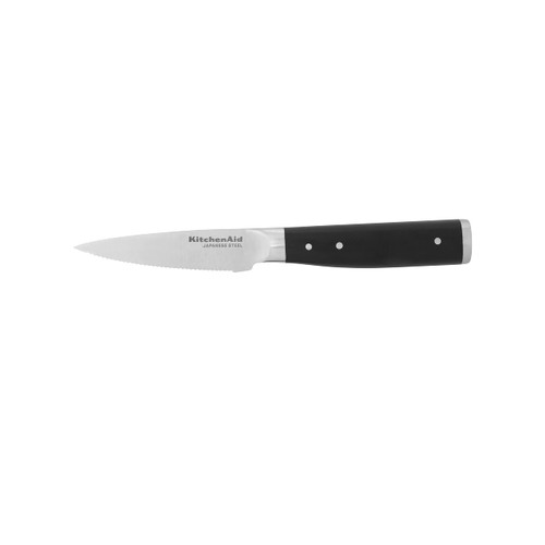 KitchenAid Gourmet Forged Triple Rivet Serrated Paring Knife with Custom-Fit Blade Cover, 3.5-inch, Sharp Kitchen Knife, High-Carbon Japanese Stainless Steel Blade, Black