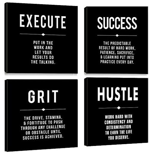 Motivational Grit Success Execute Hustle Quotes Canvas Wall Art -Inspirational Office Wall Art Poster Quotes - Canvas Artwork Picture Print Framed for Home Bedroom Office Wall Decor-12 x12 x4pcs