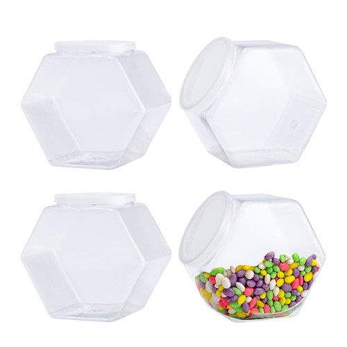 CAGSIG Candy jars with lids 4 Pack Plastic Candy Jars with Lid, Hexagon Candy Jars Cookie Jars for Kitchen, Clear Candy Containers for Snacks, Candy, Cookie, Dog Treats, Craft and Sewing Supplies, Coffee Pod, Laundry Pod ( 30 OZ)