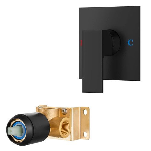 Airuida Matte Black Shower Valve Square Single-Function Shower Handle Valve Female Thread Trim Kit Shower Valves Wall Mount Brass Faucet Shower Rough-In Valve Bathroom Single Handle Trim Kit