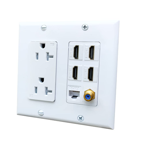 BOPLAT Power Outlet with Ethernet Coax HDMI Wall Plate - 4 HDMI Keystones + 2 CAT6 RJ45 Jack+ 1 Coaxial Cable Cover Plate - White
