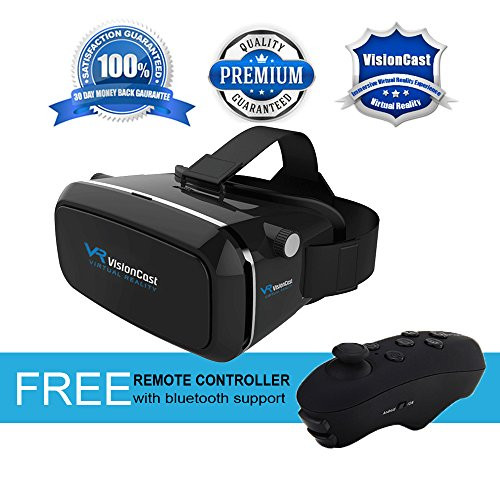 Virtual Reality Headset - 360° VR Goggles for iPhone 6 6 Plus 7 7 Plus Android & Smartphones 4 to 6 IN - Plays 3D Games in VR Helmet - Best VR Glasses Set w/ FREE Remote Controller By VisionCast