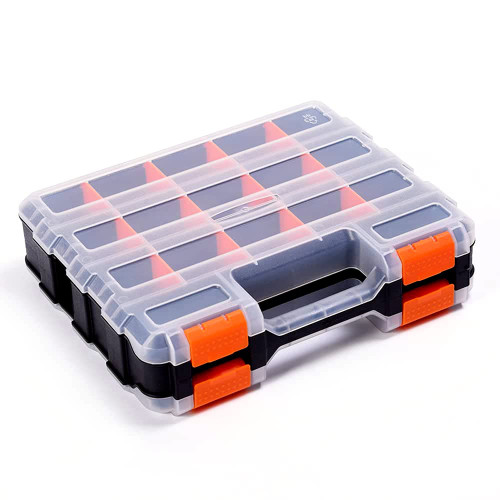 Double Side Tool Storage Box with Removable Plastic Partition, Hardware Box Storage, 34-Compartments, Excellent for Screws, Nuts, Small Parts, Black/Orange