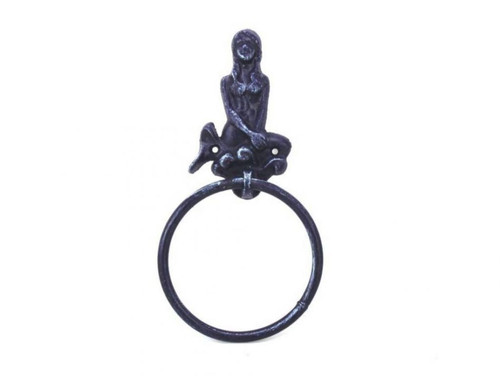 Hampton Nautical Rustic Dark Blue Cast Iron Mermaid Towel Holder 8.5" - Cast Iron Decoration - Antique Vintage Cast Iron