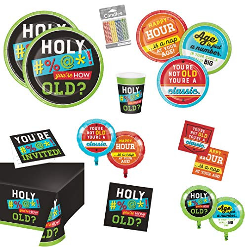 Old Age Humor Birthday Party Supplies Holy Bleep Youre How Old Birthday Pack for 16 Guests - Includes Plates, Napkins, Cups, Table Cover, Invitations, Balloons & Candles