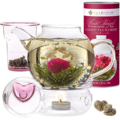 Teabloom Flowering Tea & Teapot Gift Set - 36 oz Glass Teapot, Heart-Topped Lid, Tea Warmer, Glass Loose Leaf Tea Infuser & Canister 12 Heart Shaped Blooming Teas - Gift Anniversary, Valentine