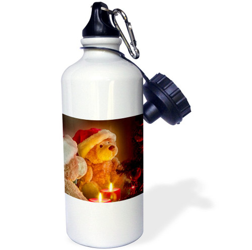 3dRose "Christmas Teddy Bears with Holiday Tree and Candles" Sports Water Bottle, 21 oz, White