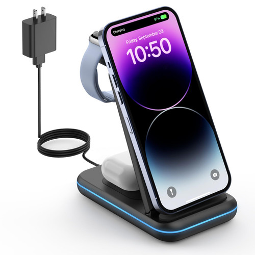 GEEKERA 3 in 1 Wireless Charger Stand, Folding Charging Dock Station for iPhone 14 Pro Max/14 Pro/14 Plus/13/12/11/X/8 Series, Apple Watch Ultra/SE/8/7/6/5/4/3/2, AirPods Pro 3/2