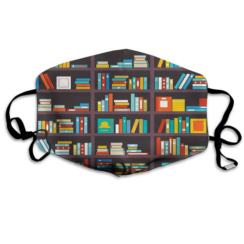 Comfortable Printed mask, Library Themed Cartoon with Shelves Full of Books School Study Education Print,Windproof Facial decorations for man and woman
