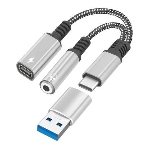 USB C to 3.5mm Headphone and Charger Adapter, 2-in-1 USB C PD 3.0 Charging Port to Aux Audio Jack and Fast Charging Dongle Cable Cord Compatible with Google Pixel 4 3 XL, Galaxy S22/S21/S20 (Silver)