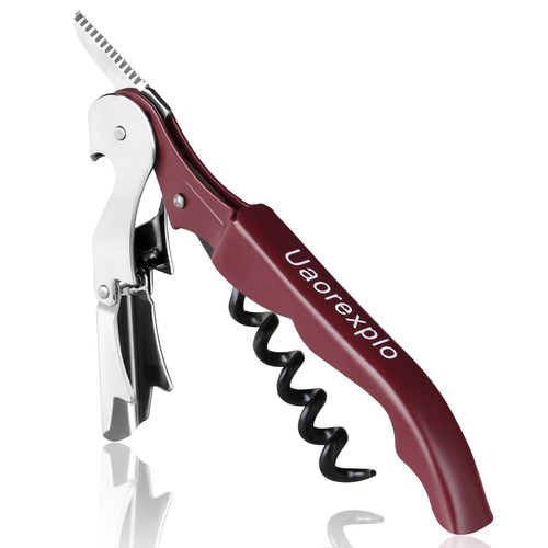 Uaorexplo Double Hinged Wine Key with Serrated Foil Cutter, Foldable Waiter Corkscrew, Light Wine Opener, Manual Bottle Opener for Servers, Waiters, Bartenders and Sommier, Wine Red