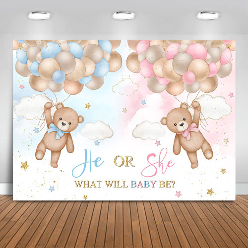 Mocsicka Bear Balloons Gender Reveal Backdrop We Can Bearly Wait Background Blue or Pink He or She Bear Gender Reveal Party Cake Table Decoration Photo Booth Props (8x6ft)