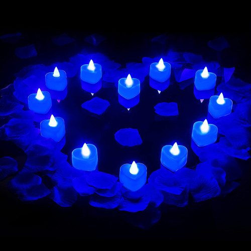 600 Pieces Blue Artificial Rose Petals with 12 Pieces Blue Flameless LED Tea Lights Candle Romantic Love Heart Shape LED Candle for Romantic Night Valentine's Day Anniversary Wedding Honeymoon Decor