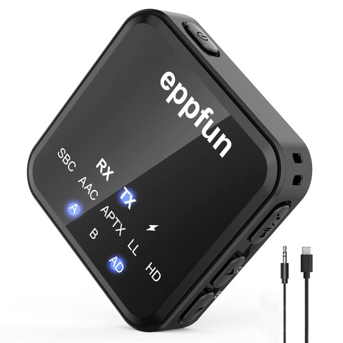 eppfun AK3046C Bluetooth 5.2 Transmitter Receiver, Qualcomm aptX-Adaptive HD Dual Connection Wireless Audio Adapter with 3.5 mm AUX for TV, PC, Home Stereo System