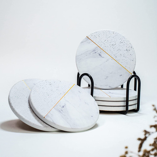 6 Pcs Elegant Coasters for drinks absorbent with holder,cool ceramic coasters for coffee table decor,coaster set of 6,Marble style Absorbent Coasters, farmhouse table decor drink coasters