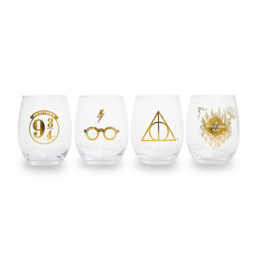 Toynk Harry Potter Icons Stemless Wine Glasses, Set of 4 | 20-Ounce Tumbler Cups For Mimosas, Cocktails