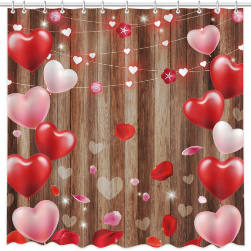 AIBIIN Valentine's Day Shower Curtain for Bathroom Decorations with 12 Plastic Hooks Pink and Red Heart Wooden Bathtub Decor Polyester Fabric Shower Curtains Set 72x72in