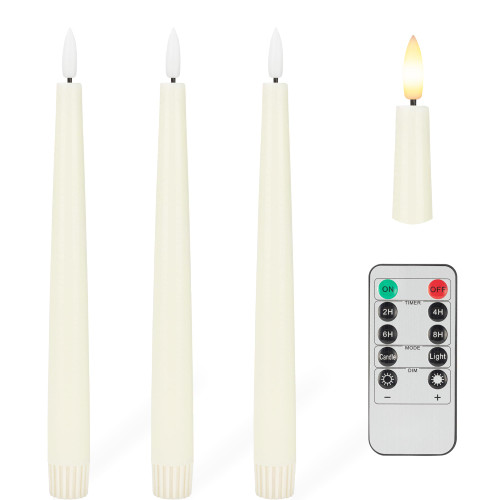 Flameless Taper Candles with 3D Wick, 9.6" Real Wax LED Candles with Remote and Timer, 3 Pack Flickering Candlesticks Battery Operated, Classic Tall Taper Candles for Home, Wedding, Party, Ivory Flameless Taper Candles with 3D Wick, 9.6" Real Wax LED Candles with Remote and Timer, 3 Pack Flickering Candlesticks Battery Operated, Classic Tall Taper Candles for Home, Wedding, Party, Ivory