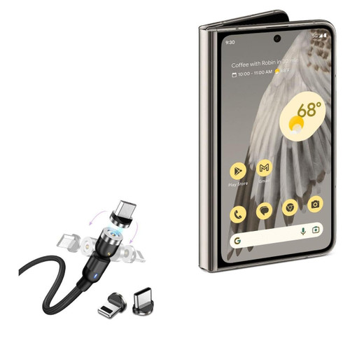 BoxWave Cable Compatible with Google Pixel Fold - MagnetoSnap AllCharge Cable, Magnet Charging Cable USB Type-C Micro USB for Google Pixel Fold - Jet Black
