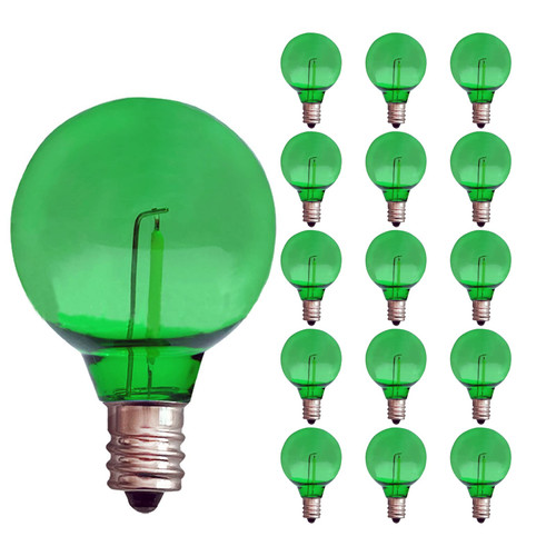 15 Pack G40 Plastic LED Replacement Light Bulbs 1W Shatterproof Green Color Filament Globe Bulbs E12 Candelabra Base Christmas Round Replacement Bulbs for Outdoor Indoor Patio String Lights(Green)