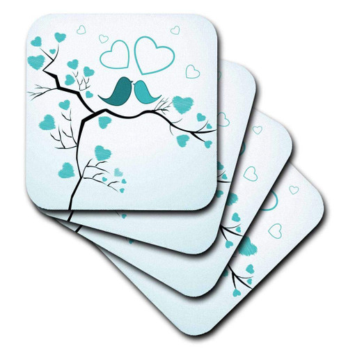 3dRose CST_101640_3 Two Kissing Love Birds and Hearts in Turquoise Ceramic Tile Coasters (Set of 4)