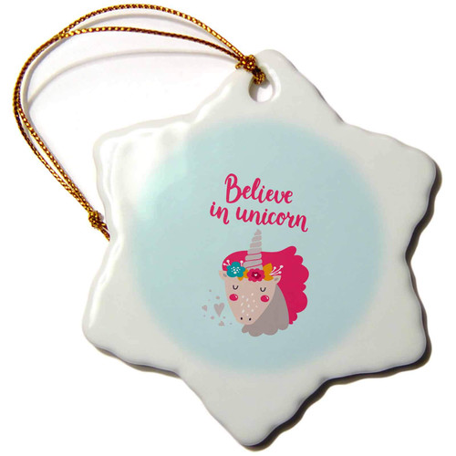 3dRose Aqua Blue Girly Unicorn Illustration and Typography-Believe in... - Ornaments (orn-268813-1)