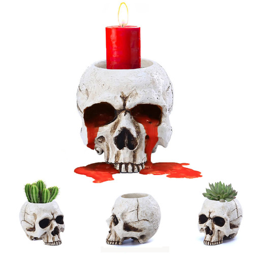 VICDUEKG Skull Candle Holder Skeleton Candlestick Holders Spooky Tealight Cup Gothic Decor Resin Candlestick Crafts for Halloween Christmas Home Party Graveyard Outdoor Bar Decoration, White, 1 Pieces
