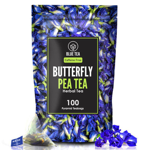 BLUE TEA - Butterfly Pea Flower Herbal Tea - 100 Tea Bags || FLOWER BASED TEA || Iced Tea, Mocktails, Cocktails | Caffeine free Vegan - Gluten Free - Ziplock Pouch