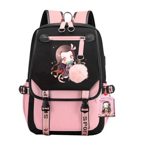 arwpzud Cute Cool Backpack for Girls, Kawaii Cartoon Backpack with Plush Pendant,Middle School Students Bookbag Daypack with USB Charge Port